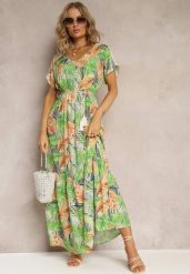 Zielono-Pomarańczowa Maxi Sukienka z Wiskozy w Kwiatowy Print ze Sznurkiem w Talii Anukka. Zielone sukienki damskie Renee, l, bez wzorów, z wiskozy, bez kołnierzyka, bez ramiączek, maxi. Za 84.99 zł.