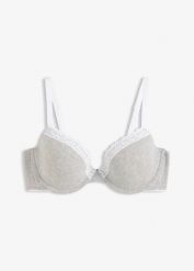 Biustonosz z usztywnianymi miseczkami i fiszbinami, z bawełną i koronką. Szare biustonosze bonprix, bez wzorów, z bawełny. Za 44.99 zł.