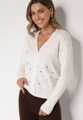 Biały Rozpinany Kardigan w Kropki Tusvanea. Białe kardigany damskie Born2be, l, bez wzorów, z jeansu, klasyczne, bez kołnierzyka. Za 79.99 zł.