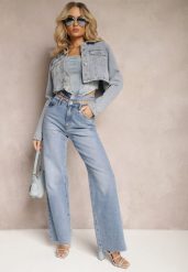 Jasnoniebieskie Szerokie Jeansy High Waist z Kieszeniami Leorrio. Niebieskie jeansy damskie Renee, bez wzorów, z bawełny, eleganckie, z podwyższonym stanem. Za 129.99 zł.