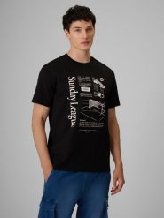 4F T-shirt regular z nadrukiem męski - czarny L. Czarne t-shirty męskie 4F, l, bez wzorów, z bawełny, bez kołnierzyka, bez ramiączek. Za 79.99 zł.