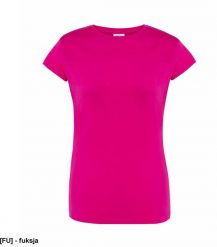 JHK T-shirt damski JHK - premium z krótkim rękawem, dopasowany do sylwetki, single jersey, 170 g fuksja M. Czerwone t-shirty damskie JHK, m, bez wzorów, z jersey, bez kołnierzyka, bez ramiączek. Za 14.08 zł.