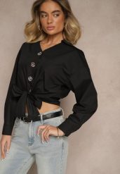 Czarna Krótka Koszula z Bawełny z Wiązaniem i Ozdobnymi Guzikami Liliarne. Czarne koszule damskie Renee, m, bez wzorów, z bawełny, eleganckie, bez kołnierzyka, bez ramiączek. Za 69.99 zł.