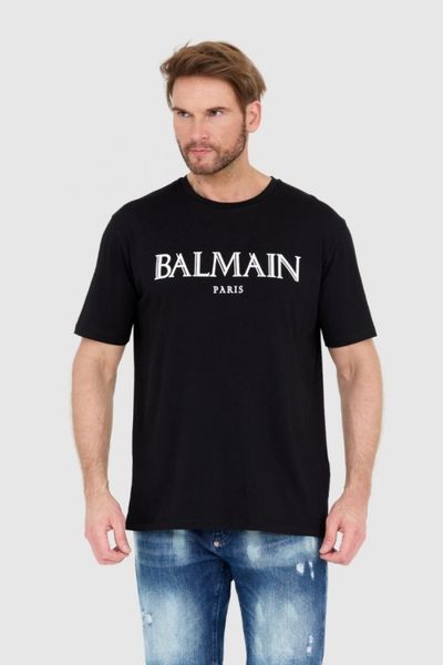 BALMAIN Czarny męski t-shirt z wypukłym gumowym logo, Rozmiar XL. Czarne t-shirty męskie Balmain, l, bez wzorów, z gumy, bez kołnierzyka, bez ramiączek. W wyprzedaży za 1,299.99 zł.