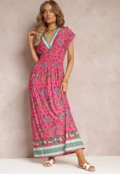 Różowa Rozkloszowana Sukienka Maxi z Printem Paisley z Gumką w Pasie Zoenia. Czerwone sukienki damskie Renee, na lato, l, bez wzorów, bez kołnierzyka, bez ramiączek, maxi, rozkloszowane. Za 49.99 zł.
