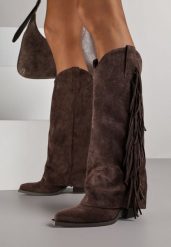 Ciemnobrązowe Kozaki Kowbojki na Obcasie z Wywiniętą Cholewką z Frędzlami Monasatia. Brązowe kozaki damskie Born2be, z aplikacjami, z dzianiny, bez obcasa, na obcasie, bez zapięcia. Za 179.99 zł.