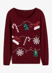 Cienki sweter. Czerwone swetry nierozpinane damskie bonprix, z aplikacjami, bez kołnierzyka, bez ramiączek. Za 139.99 zł.