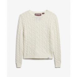 Sweter z cienkimi warkoczami, klasyczny, okrągły dekolt, damski Superdry. Białe swetry nierozpinane damskie Superdry, na zimę, bez wzorów, ze splotem, klasyczne, bez kołnierzyka, bez ramiączek. Za 224.50 zł.