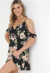 Czarna Rozkloszowana Sukienka Mini z Falbankami Soulis. Czarne sukienki damskie Born2be, l, bez wzorów, bez kołnierzyka, bez ramiączek, mini, kopertowe. Za 84.99 zł.