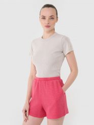 4F Spodenki casual z dzianiny waflowej damskie - różowe M. Czerwone szorty damskie 4F, bez wzorów, z bawełny, casualowe. W wyprzedaży za 49.99 zł.