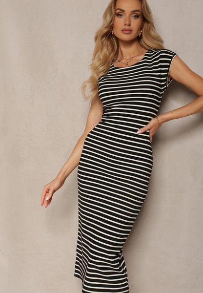 Czarno-Biała Sukienka o Dopasowanym Kroju bez Rękawów z Rozcięciami Vlalia. Czarne sukienki damskie Renee, na co dzień, m, bez wzorów, z jeansu, eleganckie, bez kołnierzyka, bez ramiączek, midi, dopasowane. Za 139.99 zł.