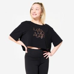 Koszulka do tańca modern jazz damska Starever crop top. Czarne bluzki damskie DOMYOS, l, bez wzorów, z elastanu, eleganckie, bez kołnierzyka, bez ramiączek. Za 59.99 zł.