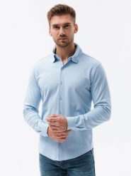 Koszula męska dzianinowa z długim rękawem - niebieska V3 K540 - XXL. Niebieskie koszule męskie Ombre Clothing, m, bez wzorów, z dzianiny, bez kołnierzyka, bez ramiączek. W wyprzedaży za 49.99 zł.