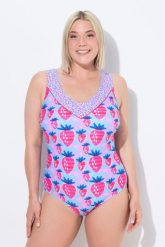 Damski Strój kąpielowy truskawki miękkie miseczki podszewka na całości. Niebieskie stroje kąpielowe damskie Ulla Popken, plus size, bez wzorów, z elastanu. Za 191.99 zł.