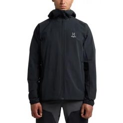 HAGLOFS Kurtka softshell męska MORAN SOFTSHELL HOOD MEN true black-XL. Czarne kurtki męskie Haglöfs, m, bez wzorów, z elastanu, biznesowe, z kapturem. Za 477.64 zł.