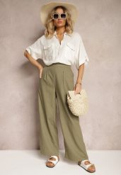 Ciemnozielone Spodnie z Bawełny i Lnem High Waist Kolalia. Zielone spodnie materiałowe damskie Renee, bez wzorów, z bawełny, biznesowe, z podwyższonym stanem. Za 59.99 zł.