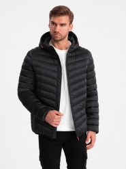 Lekko ocieplona pikowana męska kurtka z satynowym wykończeniem – czarna V2 OM-JALP-0180 - L. Czarne kurtki męskie Ombre Clothing, l, z aplikacjami, z gumy, eleganckie. W wyprzedaży za 149.99 zł.