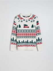 Sweter ze świątecznym wzorem - złamana biel. Swetry męskie Reserved, l, bez wzorów, z bawełny, wizytowe, bez kołnierzyka, bez ramiączek. W wyprzedaży za 79.99 zł.