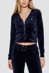 JUICY COUTURE Granatowa bluza damska welurowa Madison z cyrkoniami, Rozmiar XL. Niebieskie bluzy damskie Juicy Couture, s, bez wzorów, z weluru, eleganckie, bez ramiączek, z kapturem. W wyprzedaży za 255.99 zł.