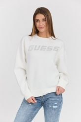GUESS Biała damska bluza z cyrkoniami Cecilia. Białe bluzy damskie Guess, s, z aplikacjami, z elastanu, eleganckie, bez ramiączek, bez kaptura. W wyprzedaży za 304.99 zł.