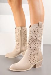 Ciemnobeżowe Ażurowe Botki na Obcasie w Stylu Kowbojek Lissemi. Brązowe botki damskie Born2be, na jesień, w ażurowe wzory, z jeansu, eleganckie, bez obcasa, na obcasie, bez zapięcia. Za 149.99 zł.