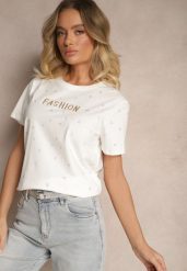 Biały Bawełniany T-shirt Ozdobiony Napisem i Cyrkoniami Nalavenna. Białe t-shirty damskie Renee, m, z aplikacjami, z bawełny, bez kołnierzyka, bez ramiączek. Za 39.99 zł.