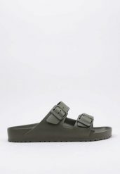 Klapki męskie Birkenstock Arizona Eva. Zielone klapki męskie Birkenstock, bez wzorów, z materiału, bez zapięcia. Za 323.00 zł.