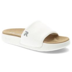 Białe Klapki Rieker Wygodne Obuwie Damskie. Białe klapki damskie Rieker, na lato, bez wzorów, bez obcasa, bez zapięcia. Za 224.90 zł.