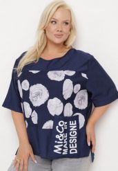 Granatowy Bawełniany T-shirt z Nadrukiem i Kieszonką Lovelina. Niebieskie t-shirty damskie Born2be, l, bez wzorów, z bawełny, eleganckie, bez kołnierzyka, bez ramiączek. Za 44.99 zł.