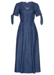 Sukienka jeansowa. Niebieskie sukienki damskie bonprix, na lato, bez wzorów, z jeansu, bez kołnierzyka, bez ramiączek. Za 159.99 zł.