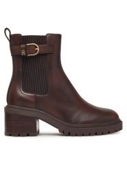 Tommy Hilfiger Botki Block Heel Buckled Chelsea Boot FW0FW09577 Brązowy ciemny. Brązowe botki damskie Tommy Hilfiger, bez wzorów, ze skóry, bez obcasa, na słupku, bez zapięcia. Za 699.99 zł.
