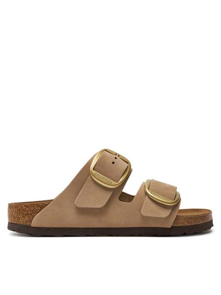 Birkenstock Klapki Arizona Big Buckle 1024064 Beżowy. Brązowe klapki damskie Birkenstock, bez wzorów, z nubiku, bez obcasa, bez zapięcia. Za 629.99 zł.