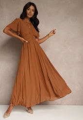 Brązowa Rozkloszowana Sukienka z Kopertowym Dekoltem Obillis. Brązowe sukienki damskie Renee, na imprezę, uniwersalny, bez wzorów, z jeansu, eleganckie, bez kołnierzyka, bez ramiączek, maxi, kopertowe. Za 99.99 zł.