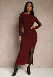 Bordowa Sukienka o Dopasowanym Kroju Ozdobiona Metaliczną Aplikacją Reittia. Czerwone sukienki damskie Renee, na imprezę, na wiosnę, z aplikacjami, bez kołnierzyka, bez ramiączek, maxi, dopasowane. Za 139.99 zł.