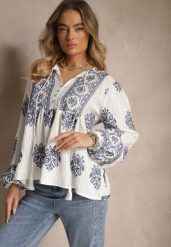 Biała Wiskozowa Bluzka w Stylu Boho z Falbanką Zdobiona Haftem i Wiązaniem Aerraza. Białe bluzki damskie Renee, m, z aplikacjami, z jeansu, boho, bez kołnierzyka, bez ramiączek. Za 99.99 zł.