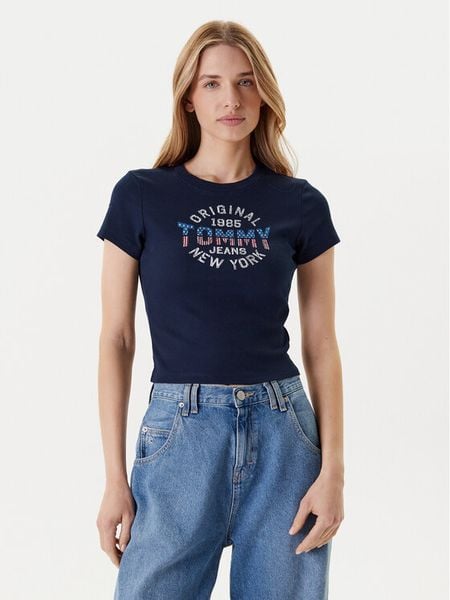 Tommy Jeans T-Shirt DW0DW21421 Granatowy Slim Fit. Niebieskie t-shirty damskie Tommy Jeans, xs, bez wzorów, z bawełny, bez kołnierzyka, bez ramiączek. Za 119.99 zł.