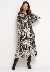 Beżowo-Czarna Koszulowa Sukienka Maxi w Geometryczny Wzór z Wiązanym Paskiem Gelama. Brązowe sukienki damskie Born2be, m, bez wzorów, z materiału, bez kołnierzyka, bez ramiączek, maxi, koszulowe. Za 159.99 zł.