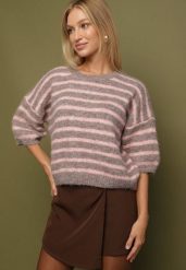 Brązowy Sweter z Wełną i Bufiastymi Rękawami w Paski Kaonne. Brązowe swetry nierozpinane damskie Born2be, bez wzorów, z jeansu, eleganckie, bez kołnierzyka, bez ramiączek. Za 139.99 zł.