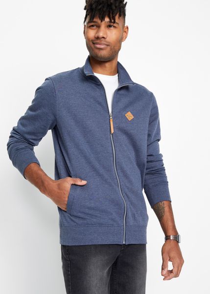 Bluza rozpinana ze stójką i detalami z imitacji skóry. Niebieskie bluzy męskie bonprix, m, bez wzorów, ze skóry, bez ramiączek, bez kaptura. Za 129.99 zł.