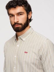Bawełniana koszula męska REGULAR FIT w drobne paski – beżowa V1 - Rozmiar: M. Brązowe koszule męskie Ombre Clothing, m, bez wzorów, z bawełny, biznesowe, bez kołnierzyka, bez ramiączek. Za 189.99 zł.