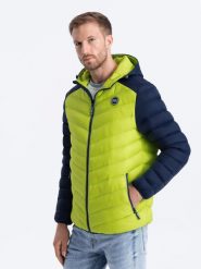Nylonowa dwukolorowa pikowana kurtka męska w stylu sportowym – limonkowa V4 - Rozmiar: XL. Kurtki męskie Ombre Clothing, m, z aplikacjami, z materiału, sportowe, bez kaptura. W wyprzedaży za 79.99 zł.