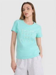 4F T-shirt regular z nadrukiem damski - turkusowy XXL. Niebieskie t-shirty damskie 4F, xs, bez wzorów, z bawełny, klasyczne, bez kołnierzyka, bez ramiączek. W wyprzedaży za 39.99 zł.