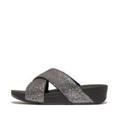Sandały damskie FitFlop Lulu Cross Slide - Glitterball. Szare sandały damskie FIT FLOP, bez wzorów, z materiału, bez obcasa, bez zapięcia. Za 489.50 zł.