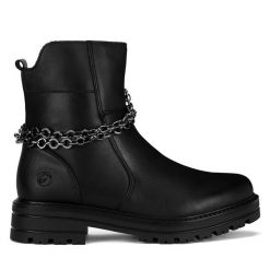 Botki Remonte. Czarne botki damskie Remonte, bez wzorów, bez obcasa, na płaskiej podeszwie, bez zapięcia. Za 342.99 zł.