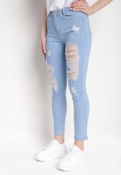 Niebieskie Skinny Jeansy z Wysokim Stanem i Dziurami Lainera. Niebieskie jeansy damskie Born2be, bez wzorów, z jeansu, eleganckie, z podwyższonym stanem. Za 54.99 zł.