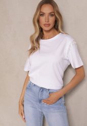 Biały T-shirt z Bawełny z Koralikami Vlerra. Białe t-shirty damskie Renee, l, z aplikacjami, z bawełny, klasyczne, bez kołnierzyka, bez ramiączek. Za 39.99 zł.