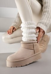 Ciemnobeżowe Śniegowce na Platformie z Haftem przy Cholewce Sewnera. Brązowe śniegowce damskie Renee, z dzianiny, bez zapięcia. Za 54.99 zł.