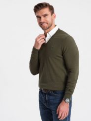 Sweter męski z dekoltem "w serek" z koszulowym kołnierzykiem - ciemnooliwkowy V5 OM-SWSW-0102 - XL. Zielone swetry męskie Ombre Clothing, l, bez wzorów, z bawełny, klasyczne, bez kołnierzyka, bez ramiączek. W wyprzedaży za 69.99 zł.