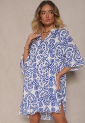 Niebieska Sukienka z Bawełny o Rozkloszowanym Kroju Ozdobiona Guzikami Janivra. Niebieskie sukienki damskie Renee, m, bez wzorów, z bawełny, eleganckie, bez kołnierzyka, bez ramiączek, mini, kopertowe. Za 39.99 zł.