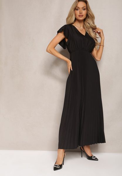 Czarna Rozkloszowana Sukienka z Plisami Maxi z Falbankami przy Ramionach Nethula. Czarne sukienki damskie Renee, na imprezę, l, bez wzorów, z materiału, bez kołnierzyka, bez ramiączek, maxi, kopertowe. Za 69.99 zł.
